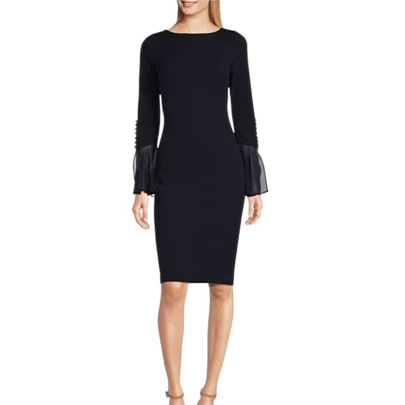 Calvin Klein Dresses & Skirts - NWT Calvin Klein Chiffon Long Sheer Bell Sleeve Sheath Dress Black sz 6P